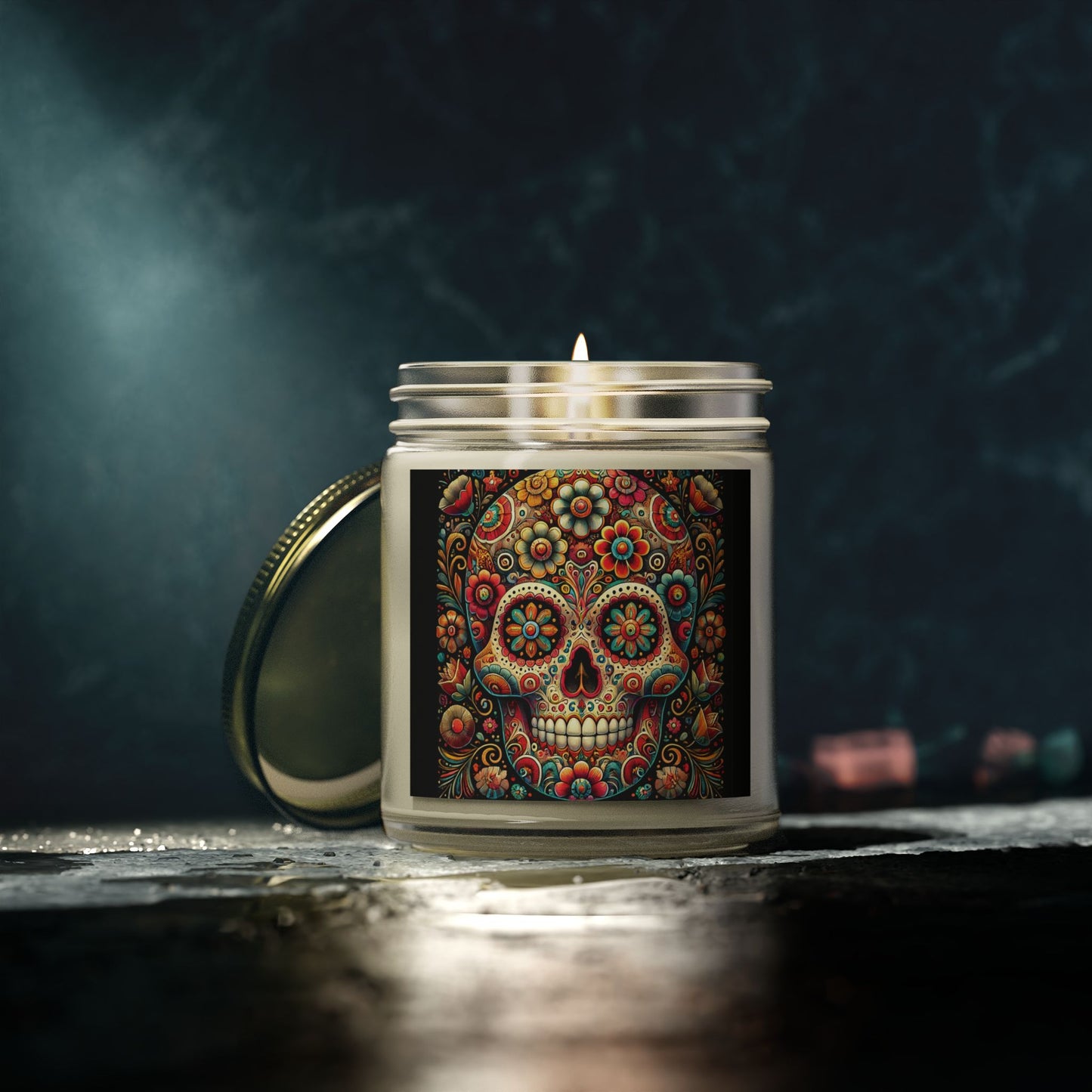 Floral Skull Design- Coconut Apricot Wax Candle  (4oz & 9oz)