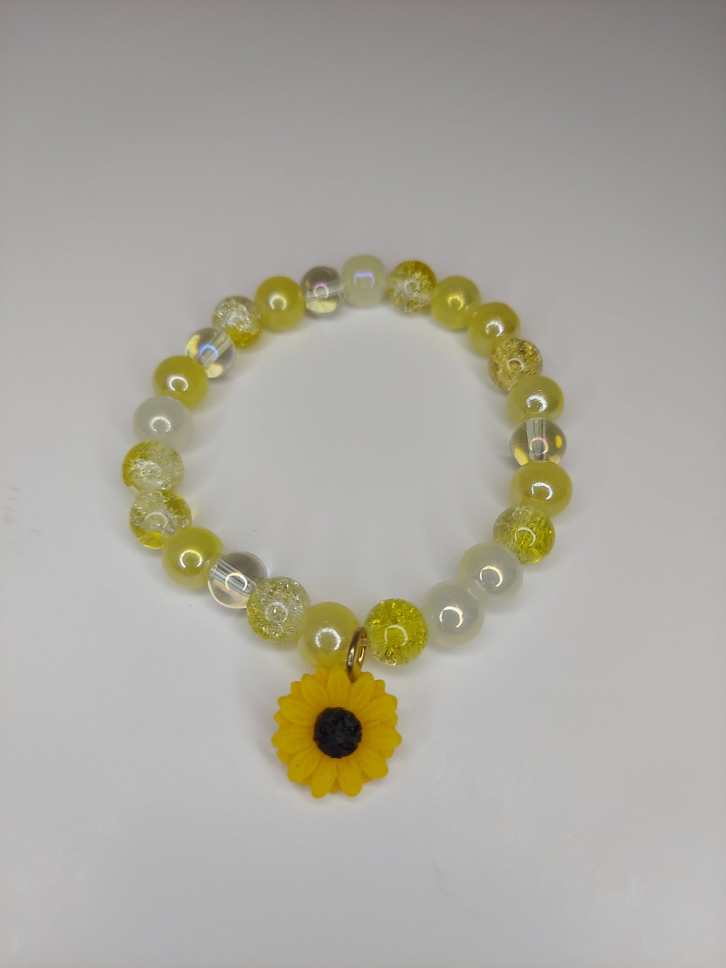 Yellow Ice Glass Beaded Bracelet with Small Sunflower Charm