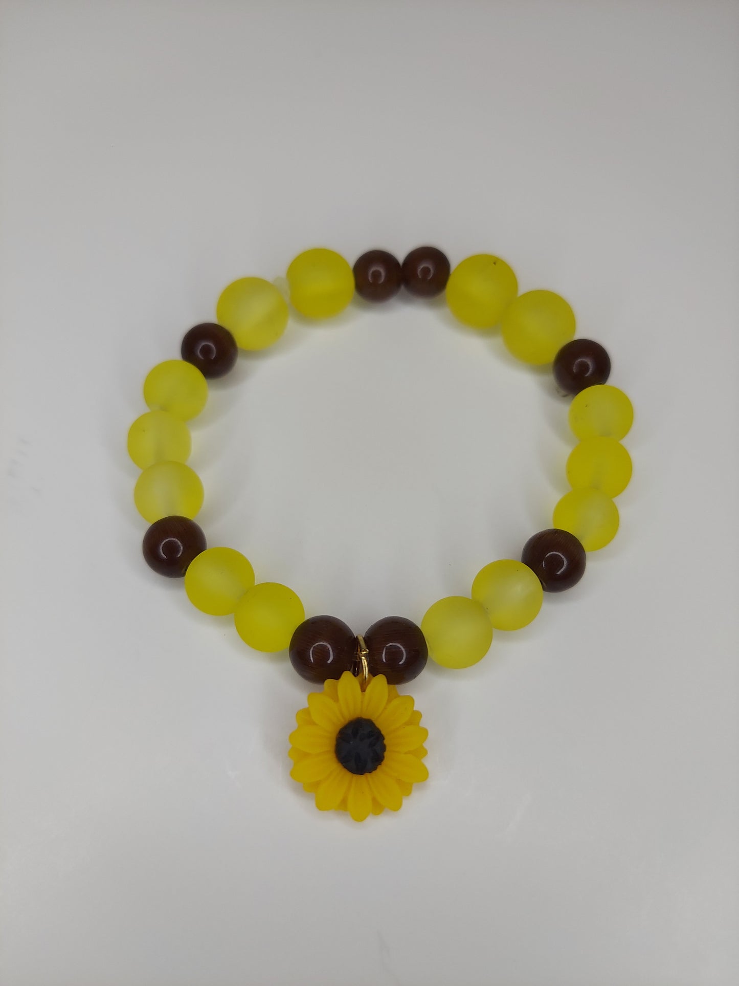 Yellow and Brown Beaded Bracelet with Small Sunflower Charm (1pc)