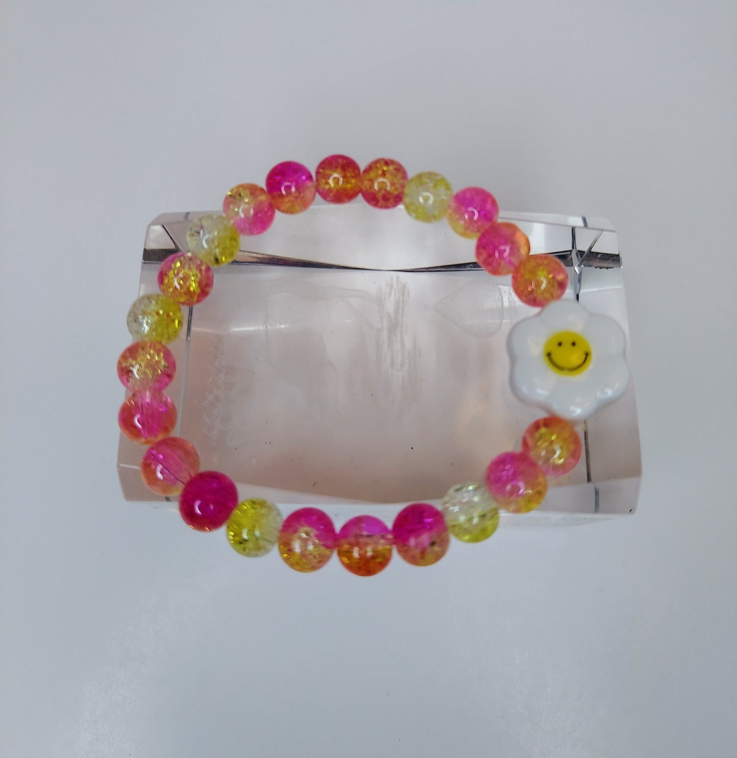Pink and Yellow Flower Smiley Face Crackle Glass Beaded Bracelet