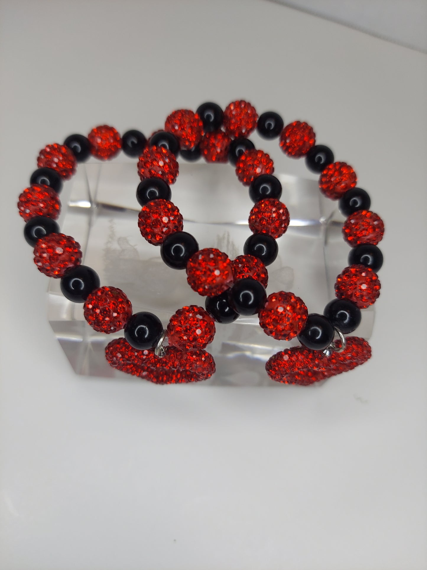 Red and Black Beaded Bracelet with Heart Charm (1pc)