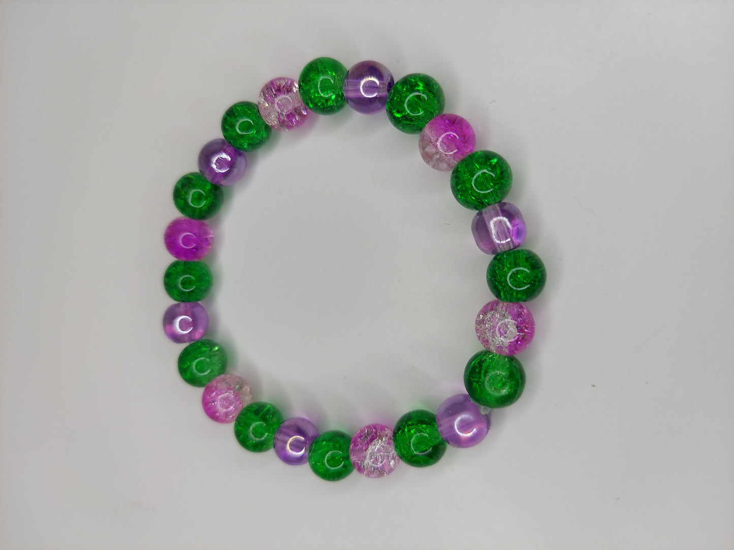 Green Pink Purple Crackle Glass Beaded Bracelet