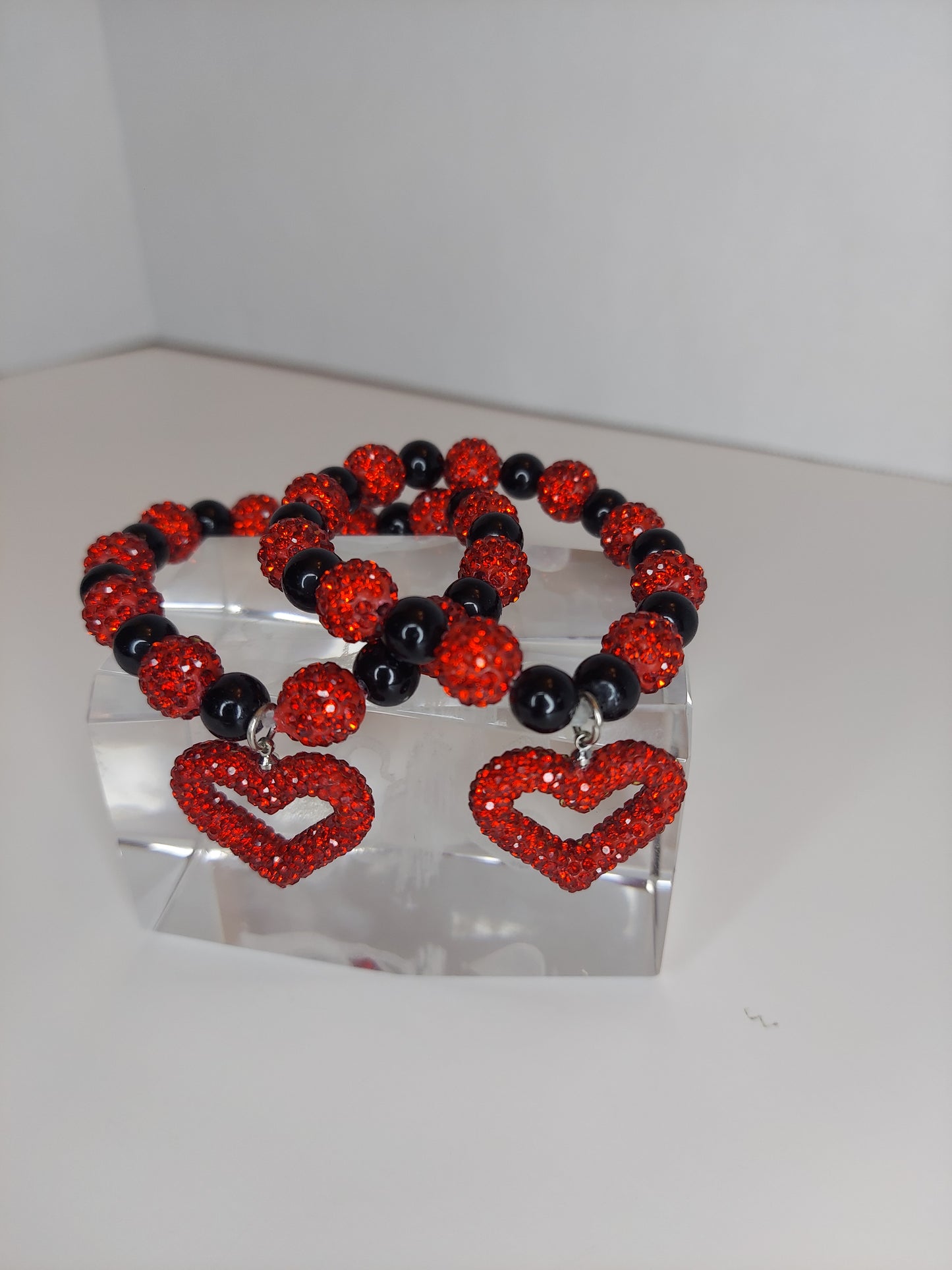 Red and Black Beaded Bracelet with Heart Charm (1pc)