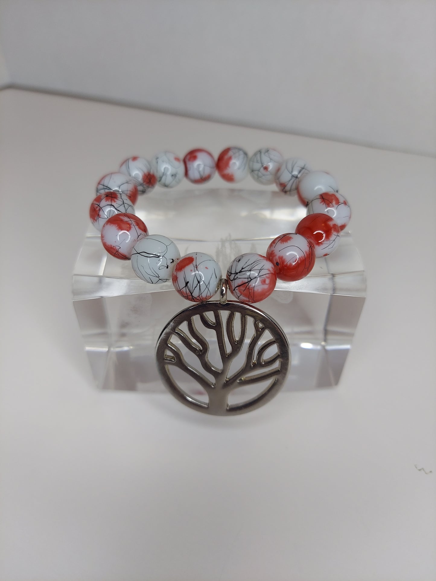 Red and White with Tree Charm 12mm Beaded Bracelet