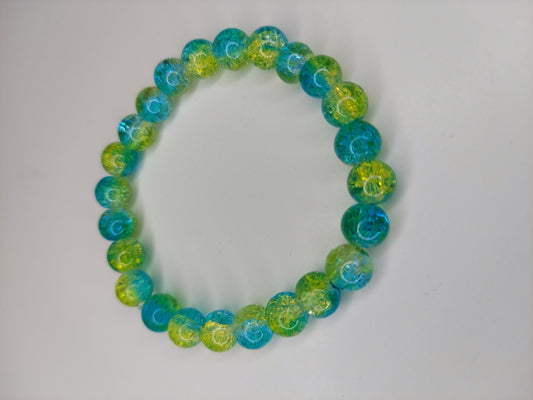 Yellow Aqua and Green Crackle Glass Beaded Bracelet