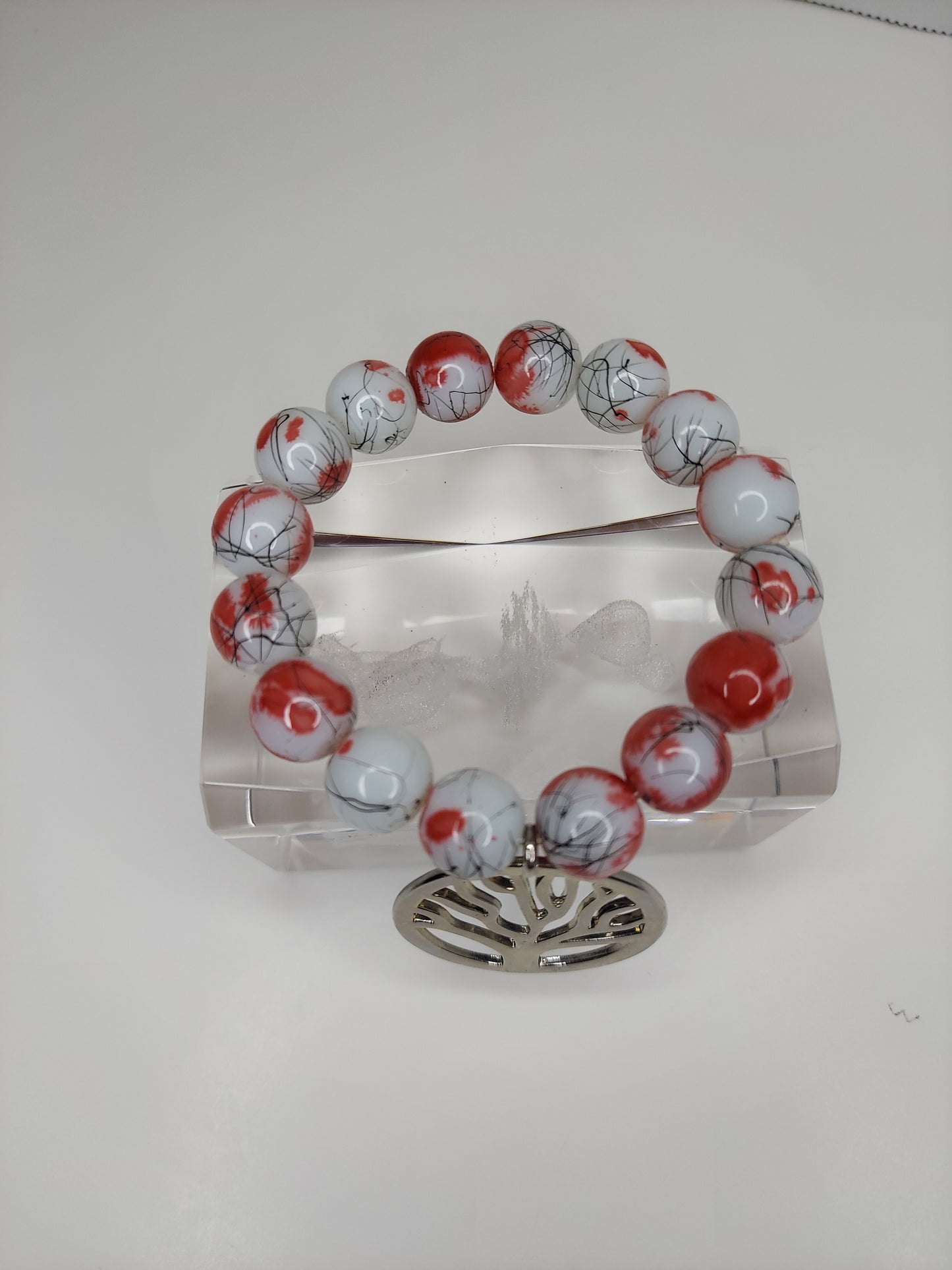 Red and White with Tree Charm 12mm Beaded Bracelet