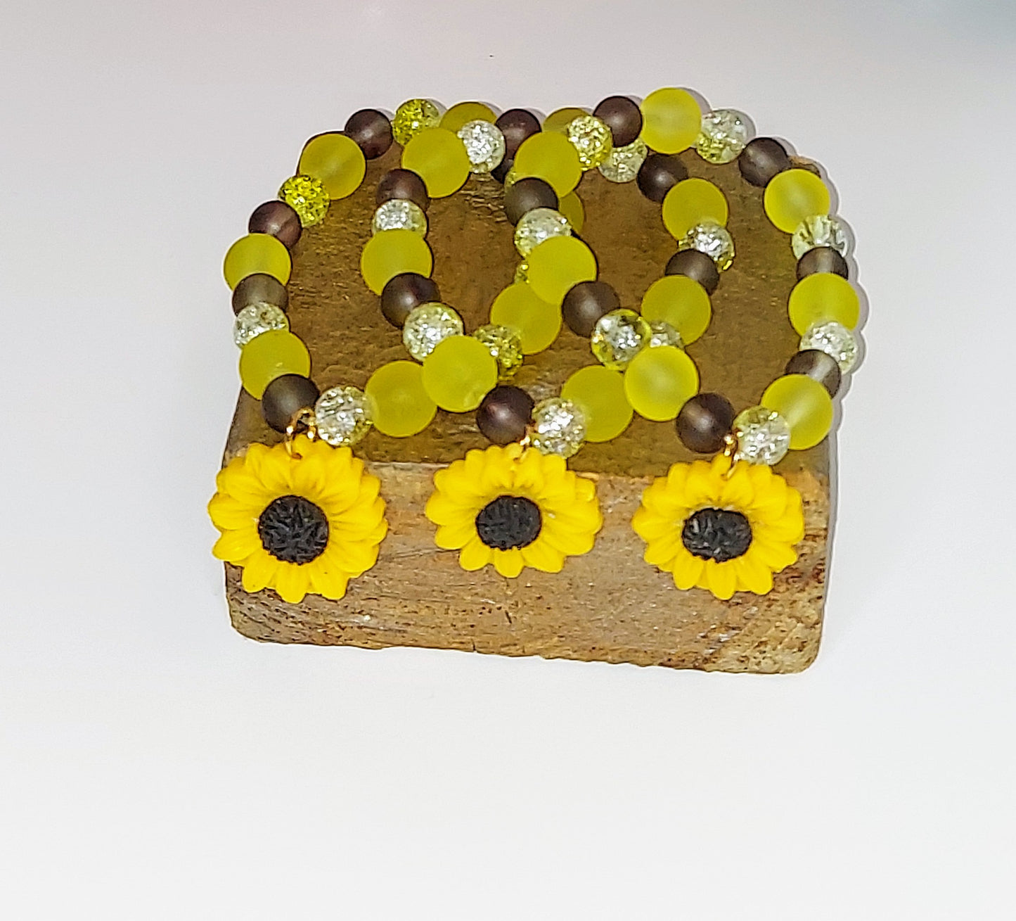 Yellow and Brown Beaded Bracelet with Sunflower Charm (1pc)