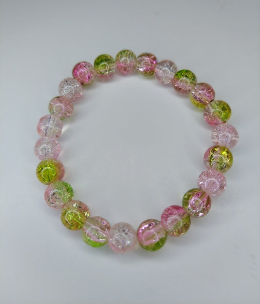 Pink and Light Green Crackle Glass Beaded Bracelet