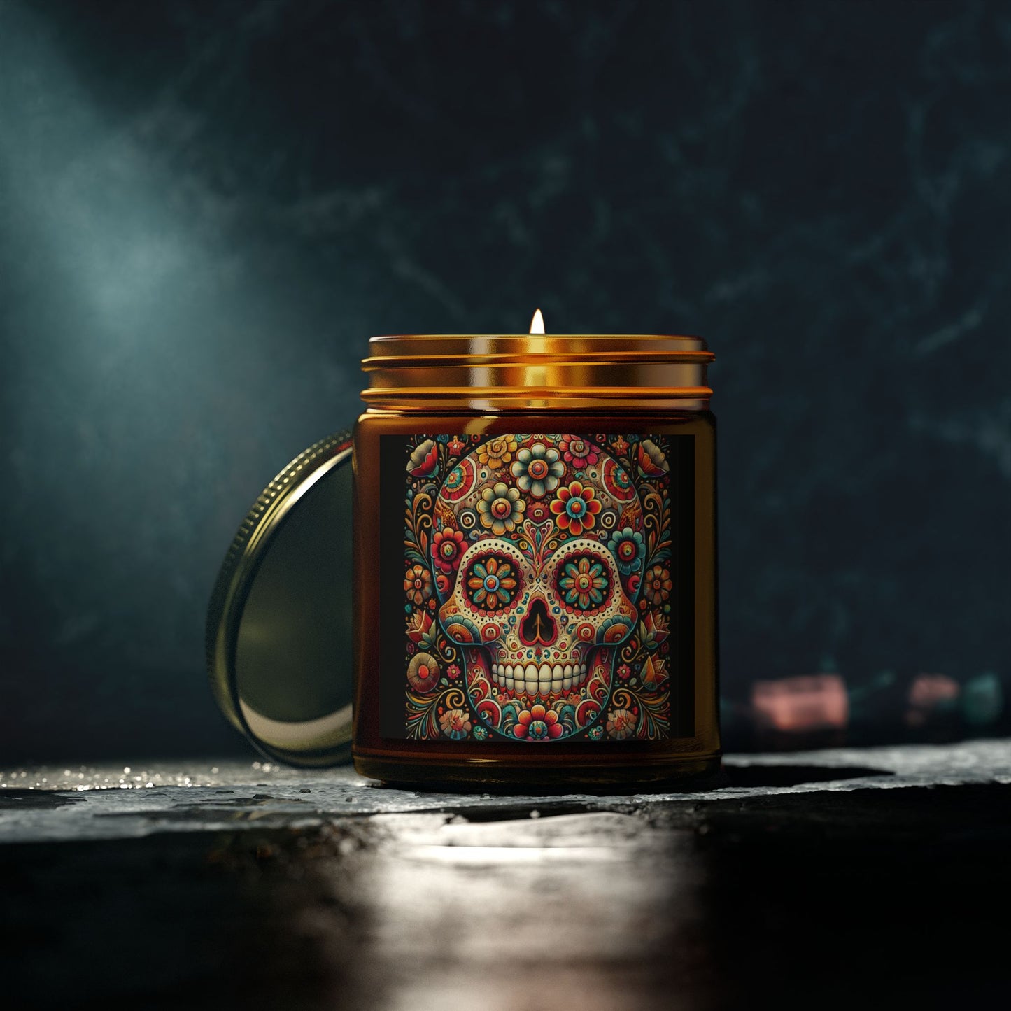 Floral Skull Design- Coconut Apricot Wax Candle  (4oz & 9oz)