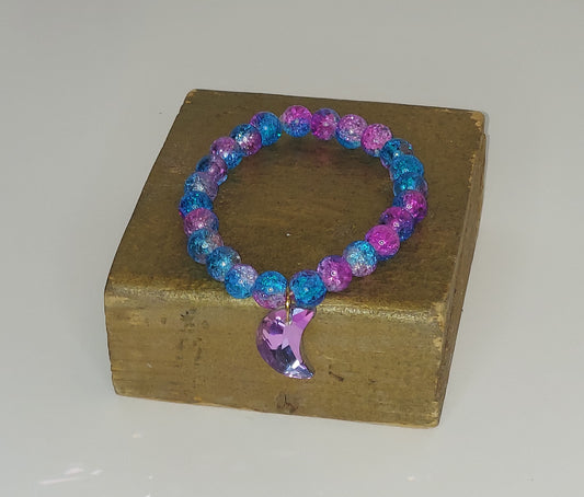 Purple and Turquoise Crackle Glass Beaded Bracelet with Moon Charm