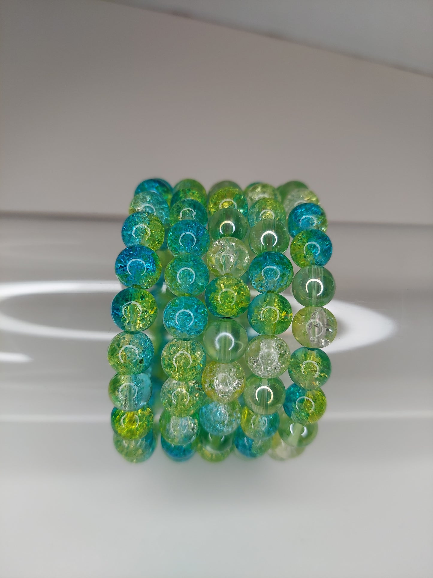 Yellow Aqua and Green Crackle Glass Beaded Bracelet