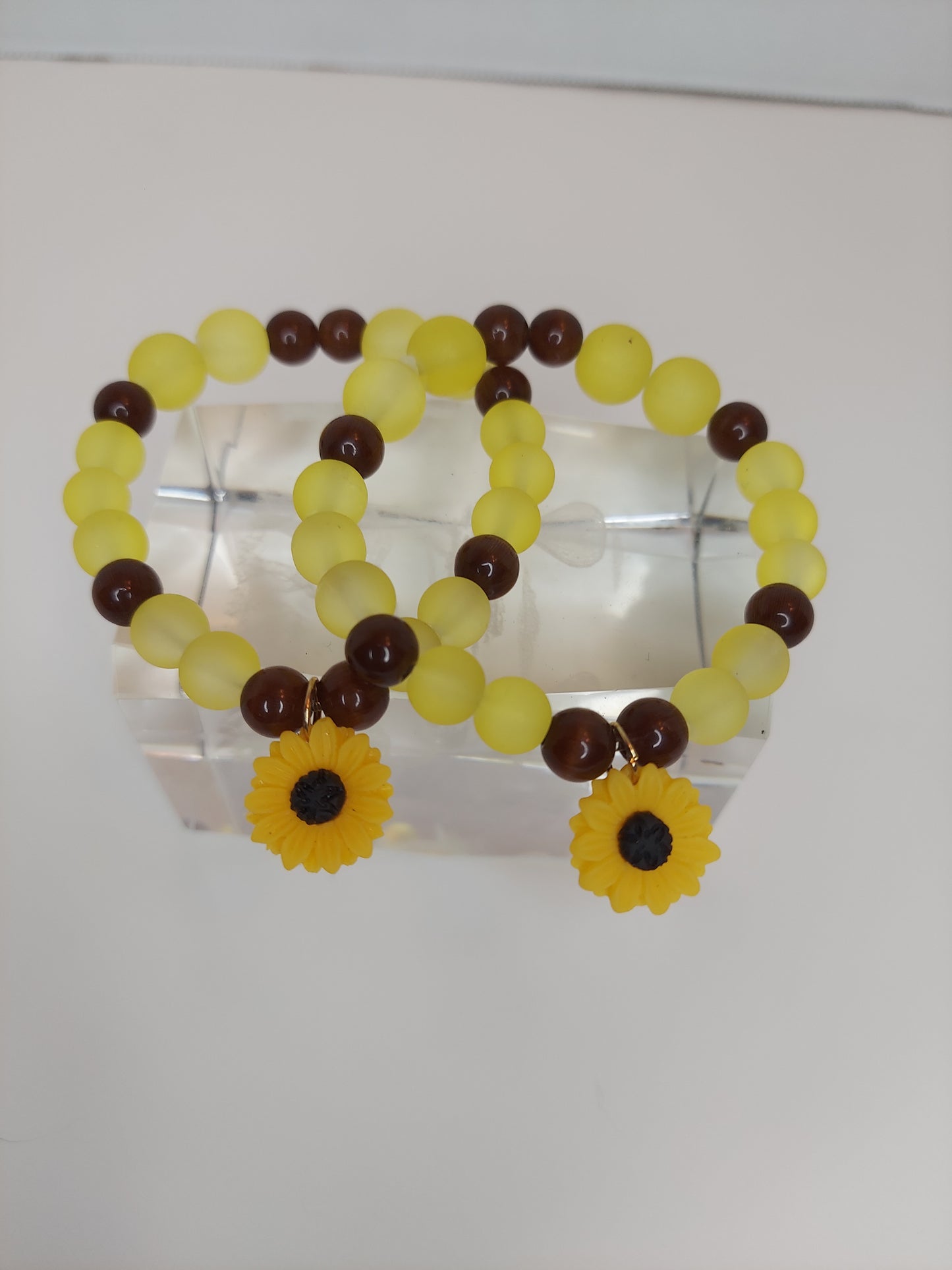 Yellow and Brown Beaded Bracelet with Small Sunflower Charm (1pc)