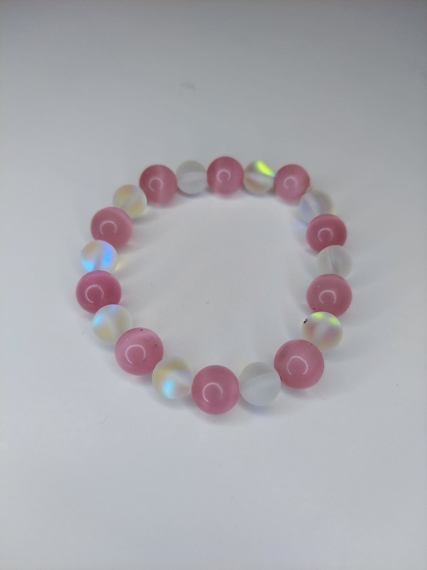 Pink Tigers Eye Quartz with Opaque White Glass Beaded Bracelet