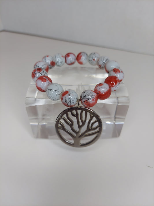 Red and White with Tree Charm 12mm Beaded Bracelet