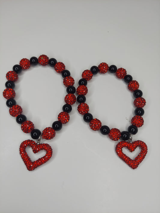 Red and Black Beaded Bracelet with Heart Charm (1pc)