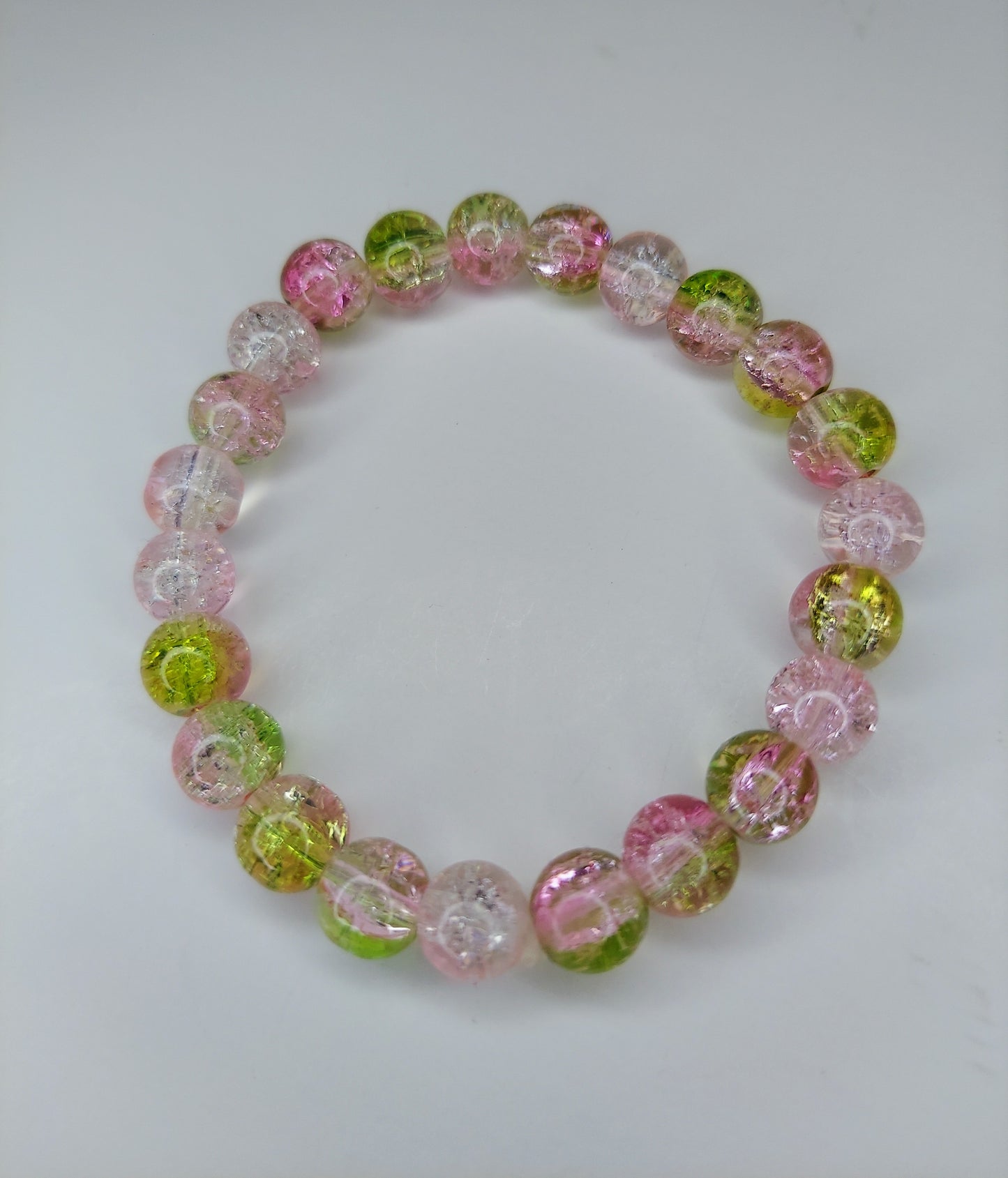 Pink and Light Green Crackle Glass Beaded Bracelet
